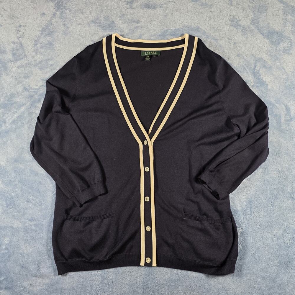 Lauren Ralph Lauren Women XL Navy Silk Blend Button Cardigan Cream Trim Pockets